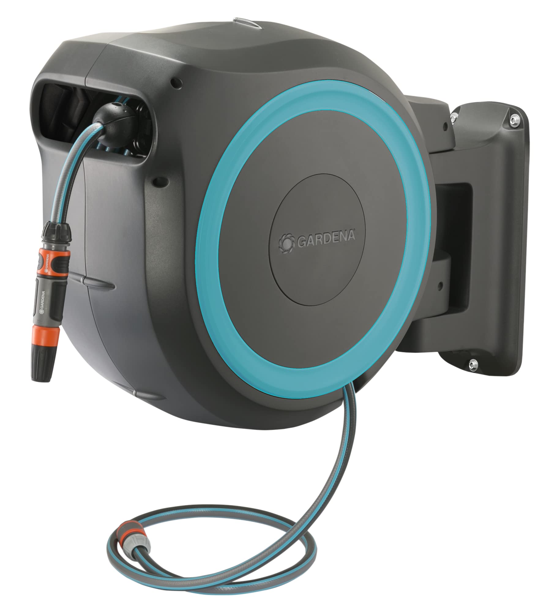 Gardena Wall-Mounted Hose Box Rollup L (Turquoise) 30 m: Versatile Watering System for Large Gardens, Swivel Hose Box, Including 30 m Gardena Hose and mounting kit (18625-20)