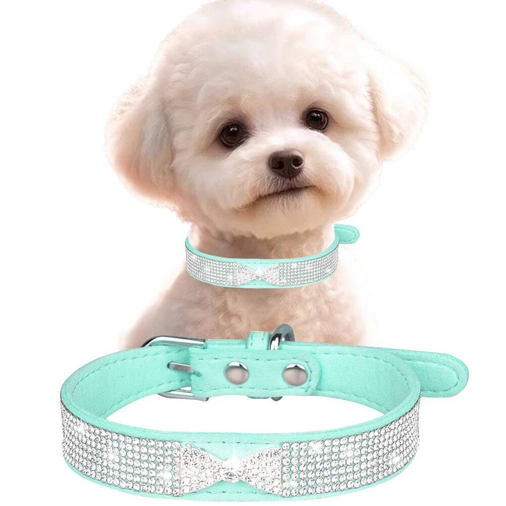 Collier pour chiot et chat de taille M bleu sarcelle doté d'un nœuds en cristal pailleté brillant