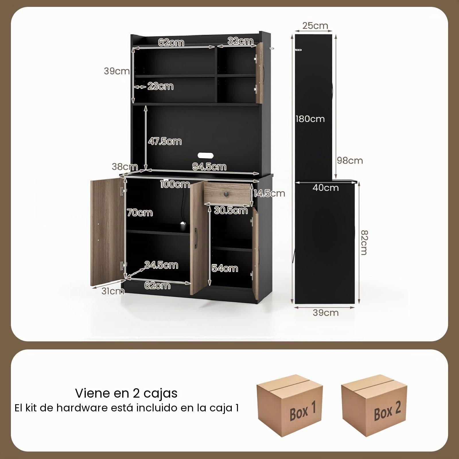 GIANTEX Alacena de Cocina con Puertas y Cajón, 100 x 40 x 180 cm, Aparador Buffet de Madera con 4 Estantes Ajustables, Armario de Almacenamiento para Cocina, Comedor (Negro+Roble)