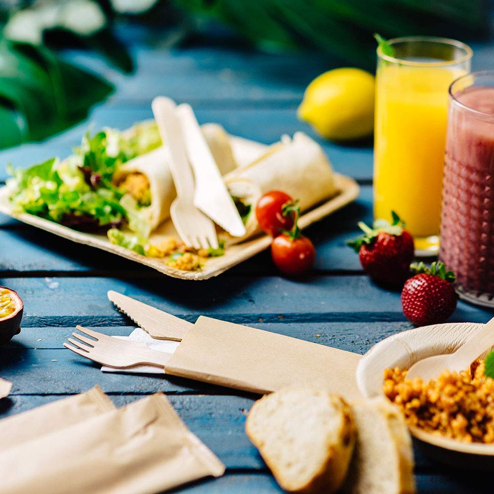 Set Posate Di Legno Biodegradabili 16 Cm - 200 Confezioni Con Tovagliolo, Per Feste E Picnic