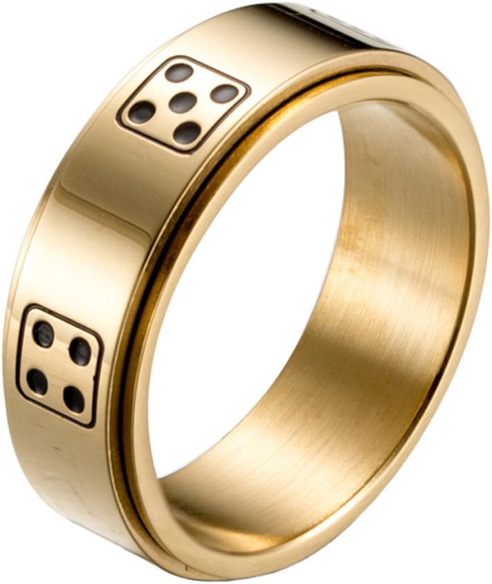Mens Stainless Steel Lucky Spinner Ring Retro Dice Pattern Wedding Bands 8mm Silver,Gold,Black