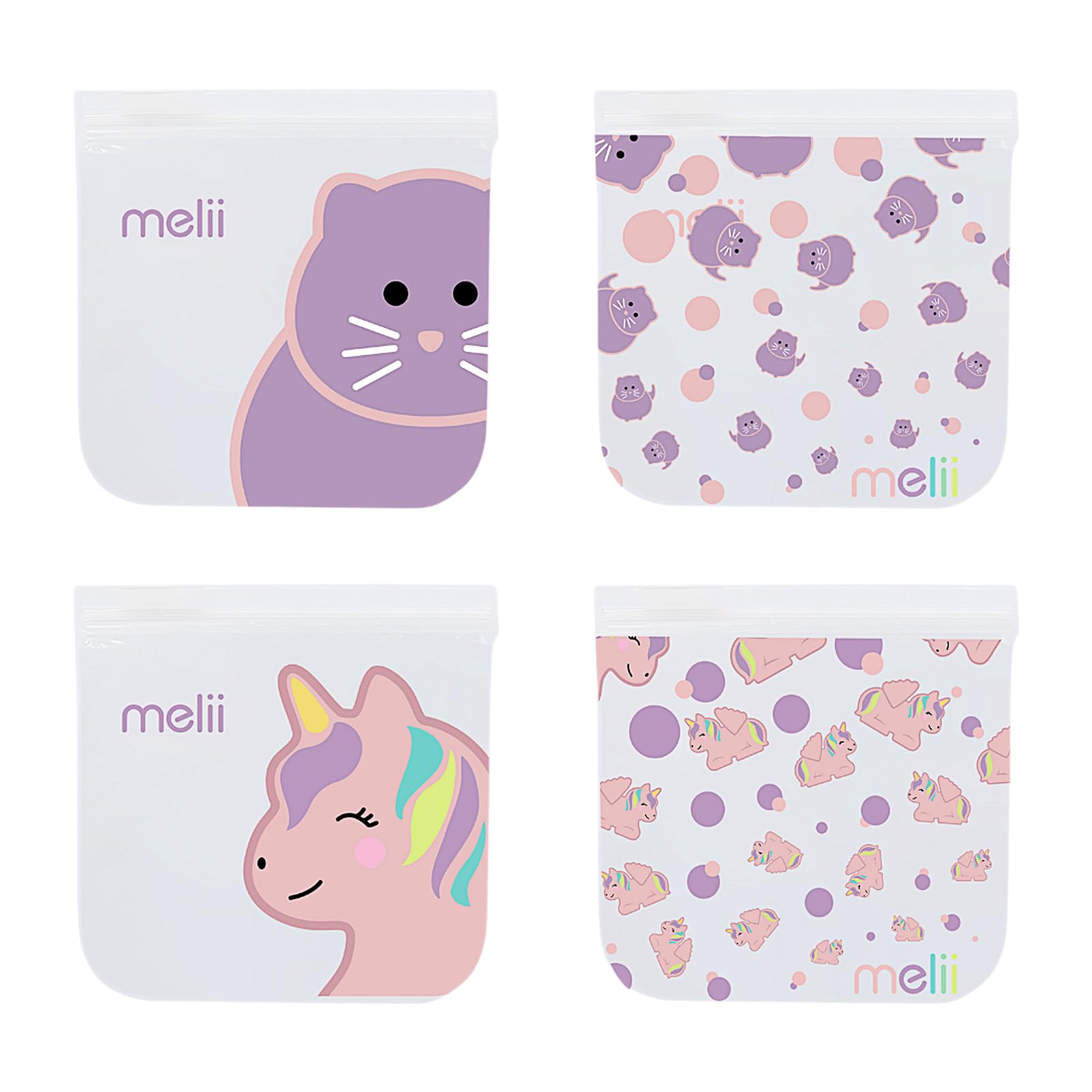 Melii Cat & Unicorn Reusable Sandwich & Snack Bags For Kids & Adults, Food Storage, Organization & Meal Prep Containers, Leakproof, Bpa Free, 4 Pack, 2 Cat & 2 Unicorn