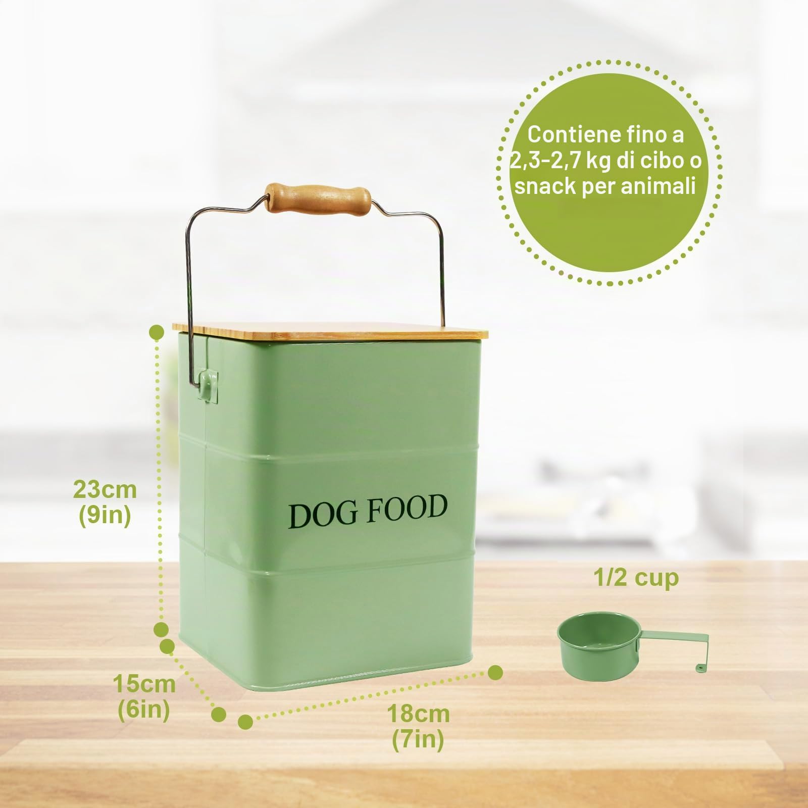 Contenitore per cibo per cani, in metallo, 6 l, con coperchio in legno, manico e pala, ermetico per cibo secco e snack, colore: verde militare