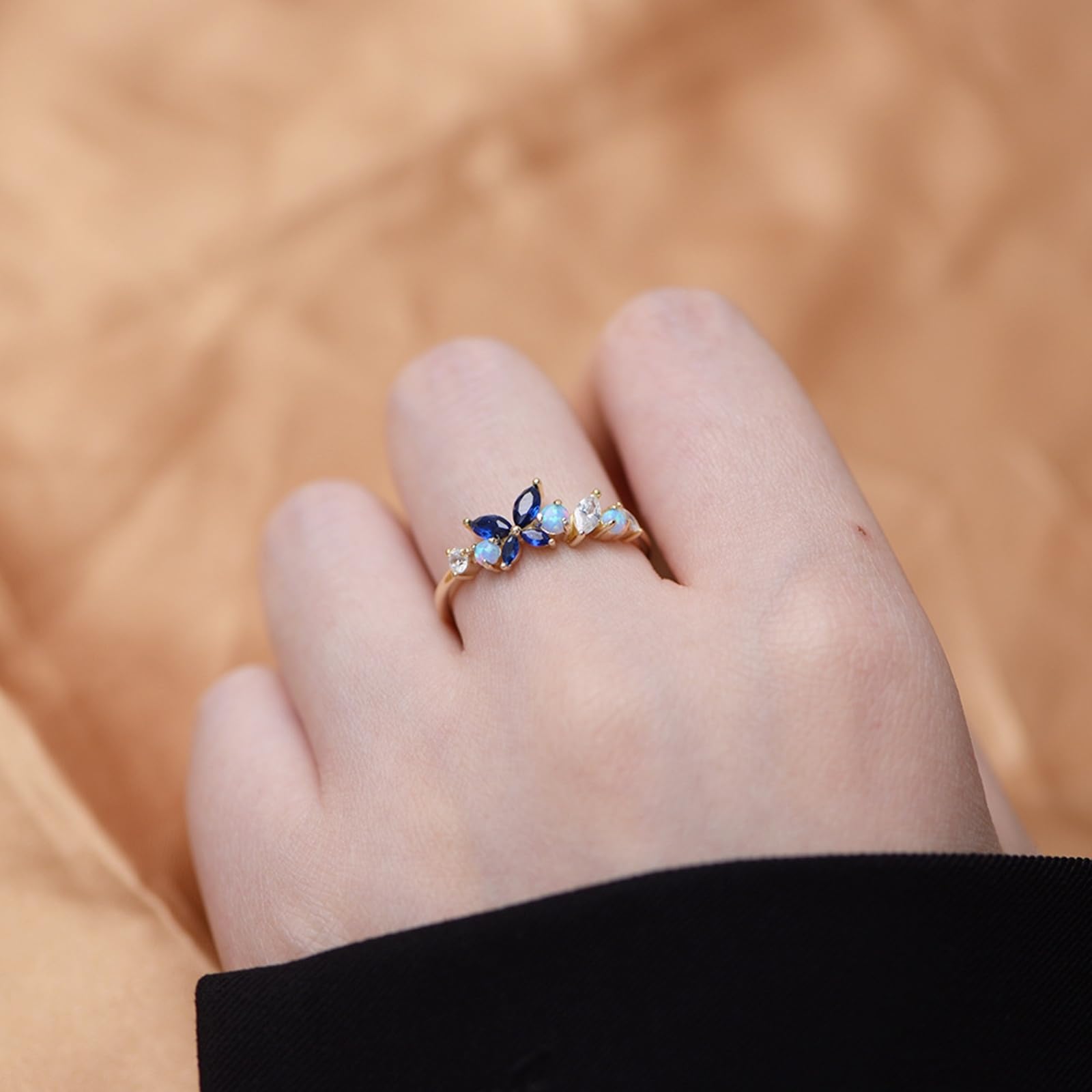 Anillo de boda de oro blanco de 9 quilates, anillo de mujer, zafiro sintético azul moissanita
