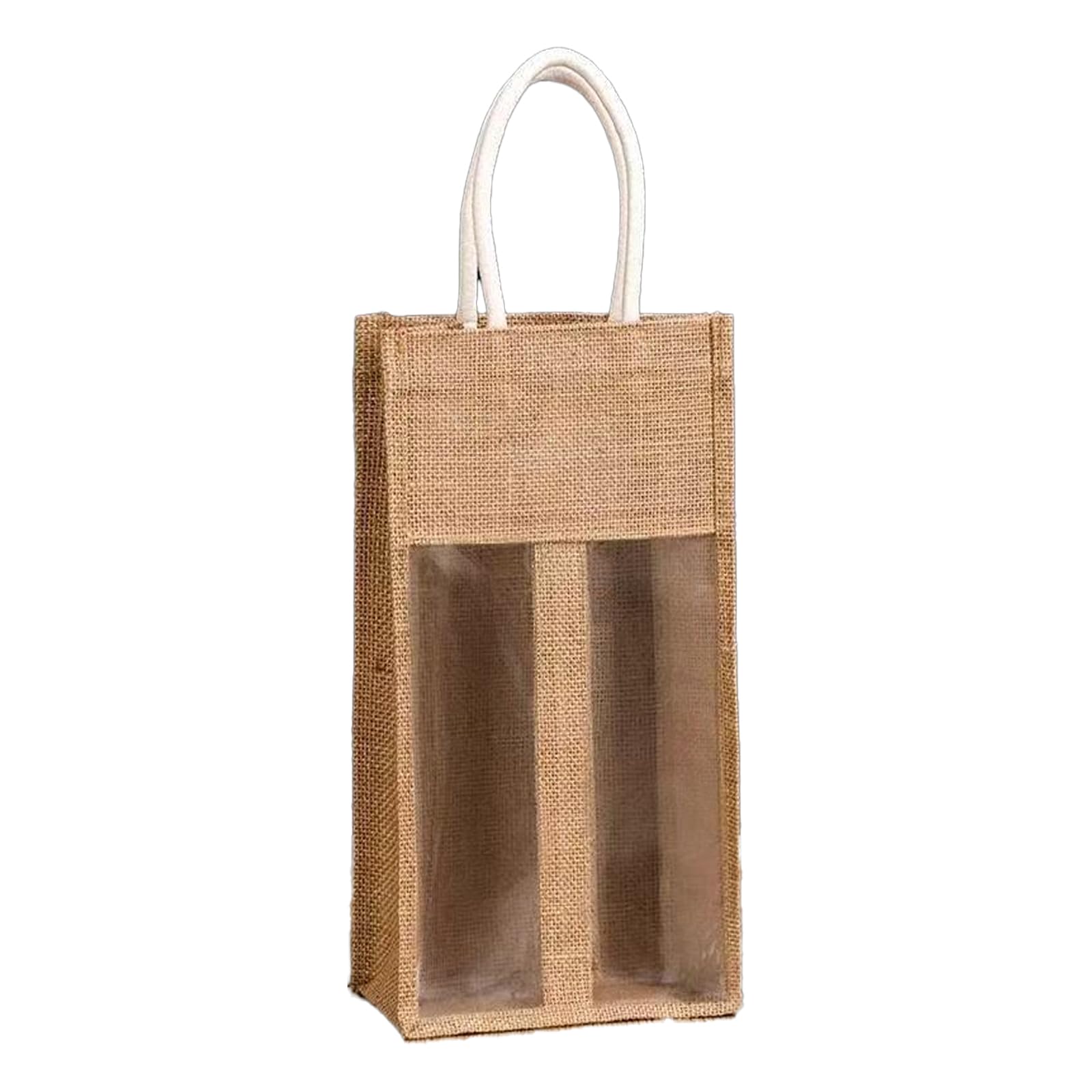 Double Wine Bag with Window，Jute Wine Bottle Gift Bag with Clear Window & Drawstring – Reusable Rustic Wine Carrier for Birthday, Wedding, Party (1 Pack)