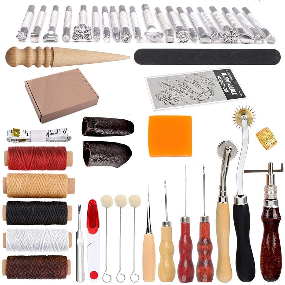 Kit Fai Da Te Per Lavorazione Pelle Wuudi - 51 Pezzi, Utensili Per Cucire E Punzonare, Con Custodia, Acciaio E Legno