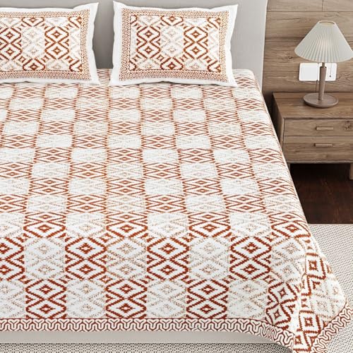 Image of Living Roots Ethnic Jaipur Block Print Double Cotton Bedsheet & 2 Pillow Covers, for Mattress Upto 6 inches Thick, No Colour Bleeding, Rust Orange Colour, King Size 90 * 108 inches, 120TC (610-A)