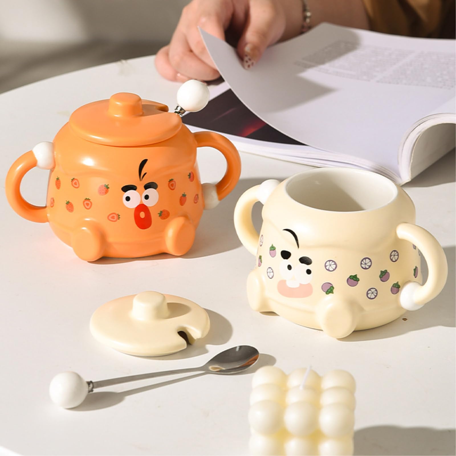 Taza de leche de cerámica divertida de 420 ml con orejas, cereza, 420 ml