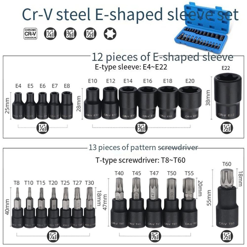 EasyByMall Set di 25 chiavi a bussola Torx ed E, in acciaio legato, punte a stella T8-T60, chiavi Torx esterne Cr-V E4-E22, kit di attrezzi meccanici professionali con custodia