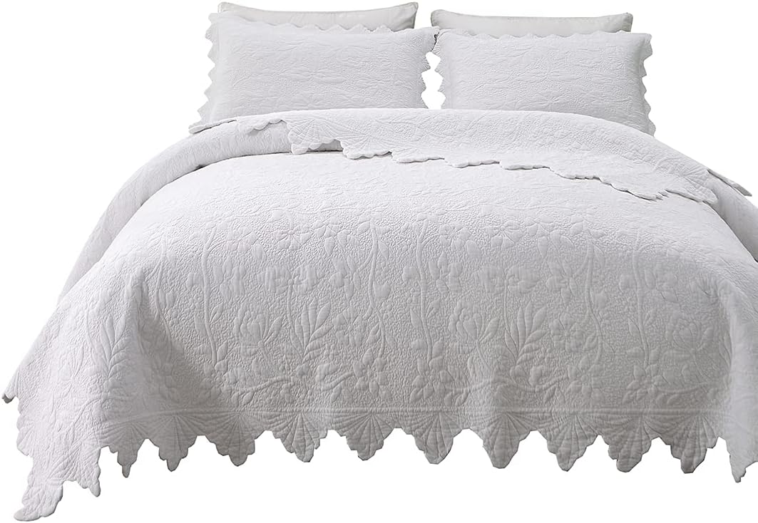 vctops 3-Piece Elegant Embroidery Quilt Set with 2 Shams 100% Cotton Quilted Bedspread Coverlet Set Oversized Queen, White
