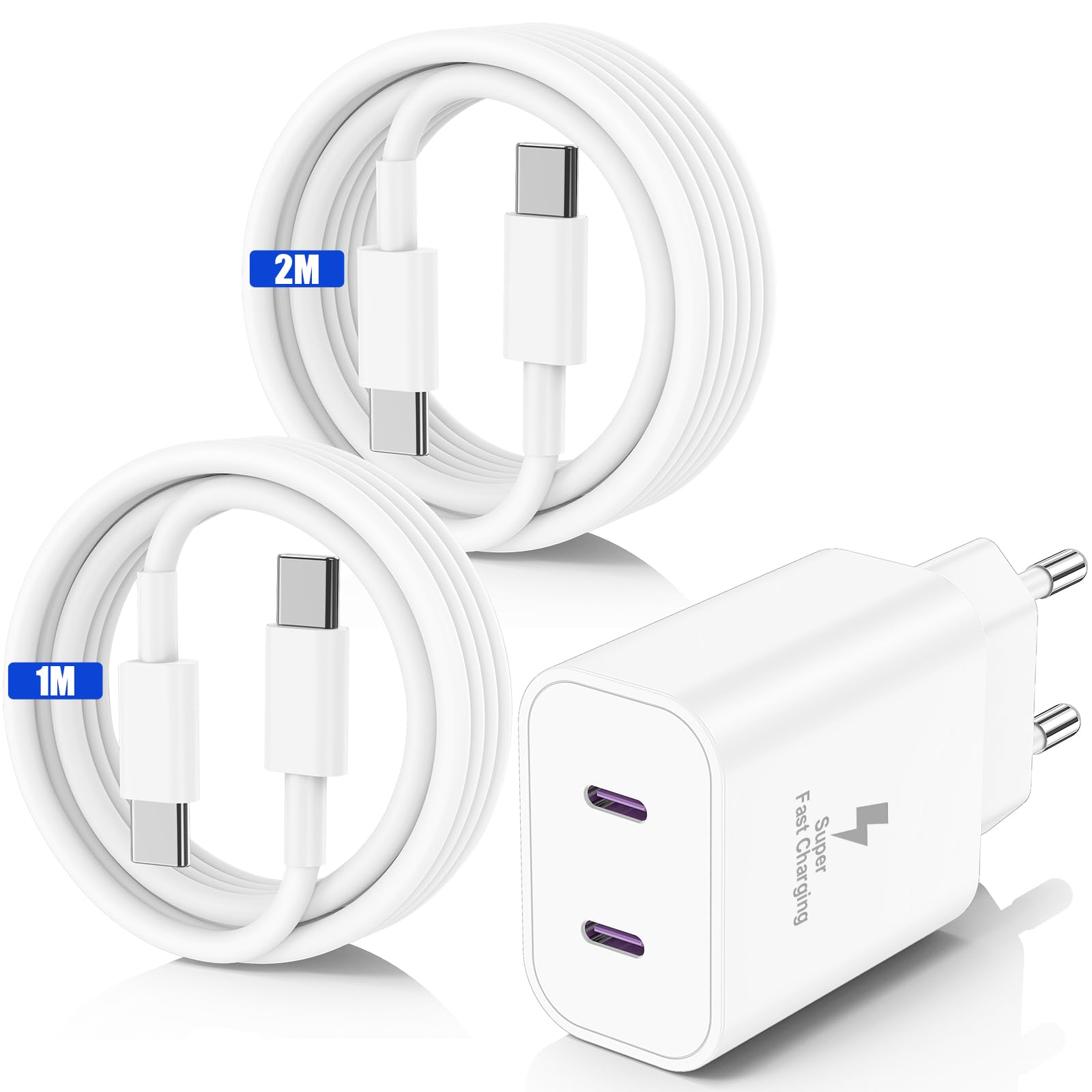45W USB C Chargeur Rapide pour iPhone 17 16 15 Pro Max,2-Port Chargeur Usbc Apple avec 1M+2M Câble USB C pour iPhone 17 16 15 Pro /17 Air/17E/15 16 Plus/iPadPro/Samsung Galaxy S25/S24/S23 Ultra-Blanc