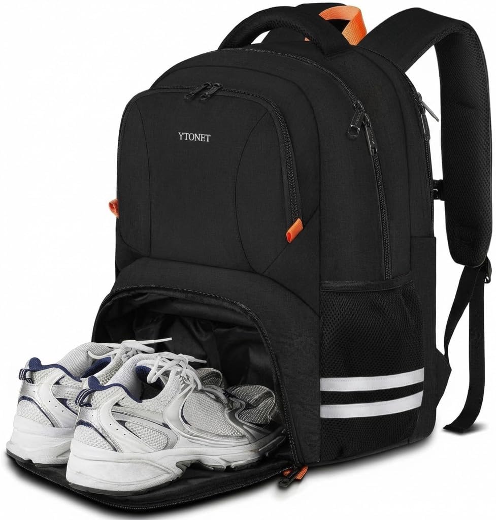 Ytonet Gym Backpack For Men Women, Travel Sports Backpack With Shoe Compartment, Large Workout Water Resistant College Bag Fit 17.3 Inch Laptop, Hiking, Black