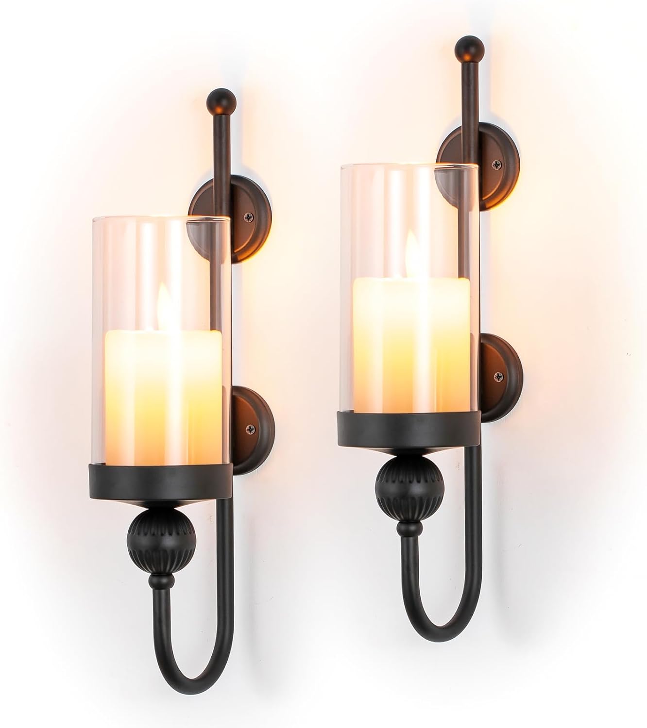 Sziqiqi Wall Candle Sconces Black: Wall Candle Holder Set of 2 for Pillars with Hurricane Glass - Wall-Mounted Metal Candleholder for Living Room Bathroom Bedroom