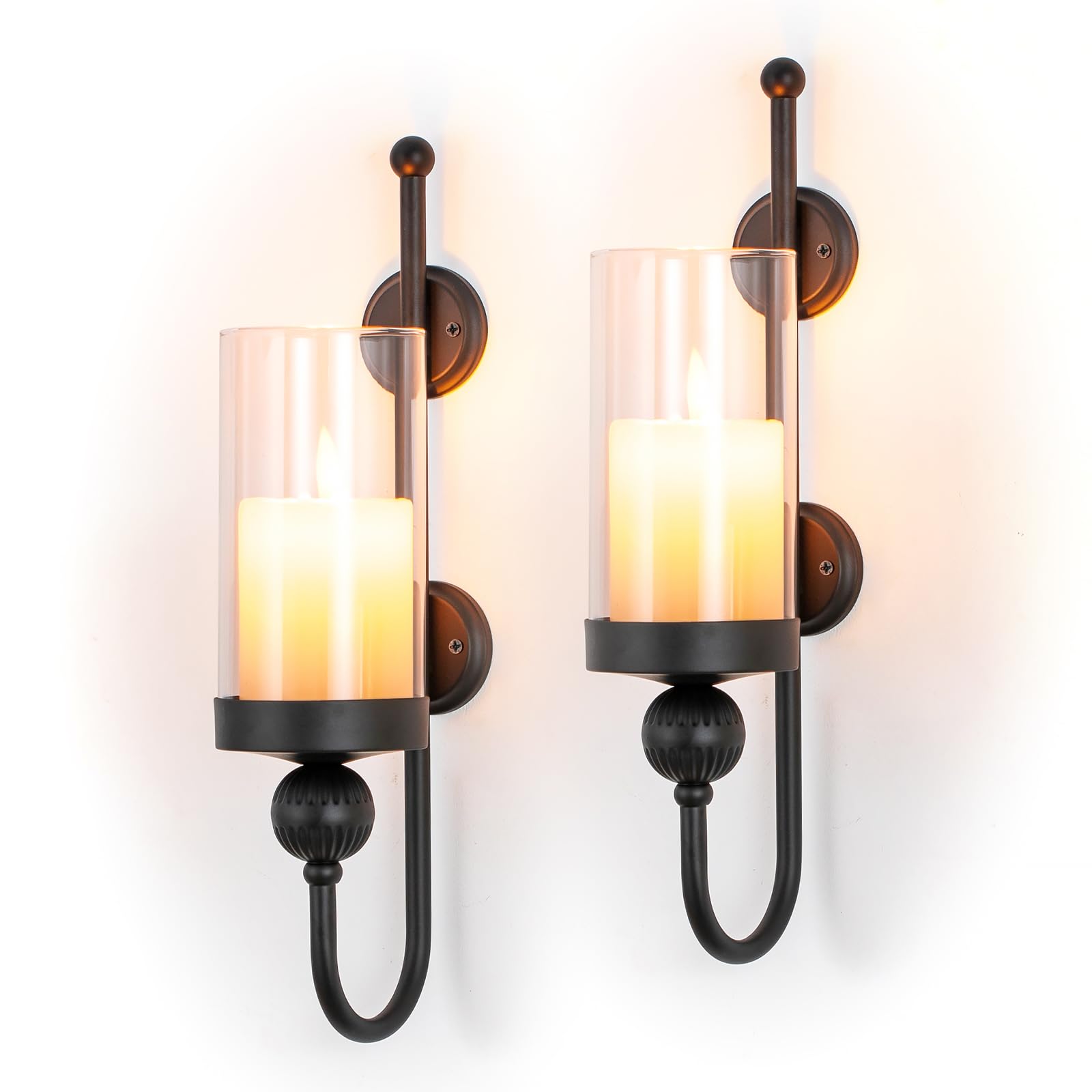 Sziqiqi Negro Portavelas de Pared Metálicos: Apliques para Pilares Juego de 2 con Cristales Antiviento - Soportes Modernos de Pared para Velas como Decoración de Pared para Salón Baño Dormitorio