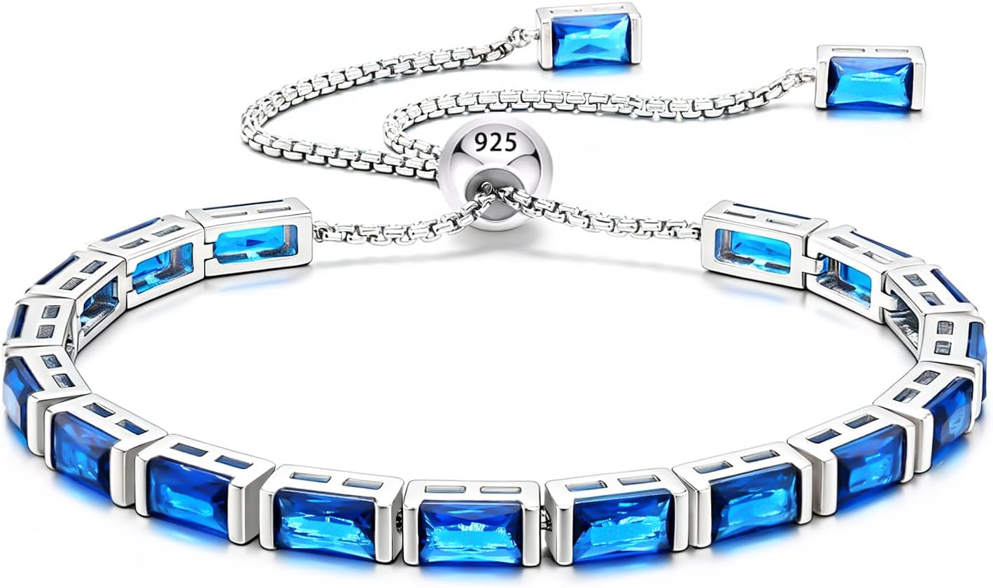 Silver Jewelry Birthstone Tennis Bracelet for Women Sterling Silver Square Gemstone Adjustable Chain Fine Jewelry Birthday Gifts for her