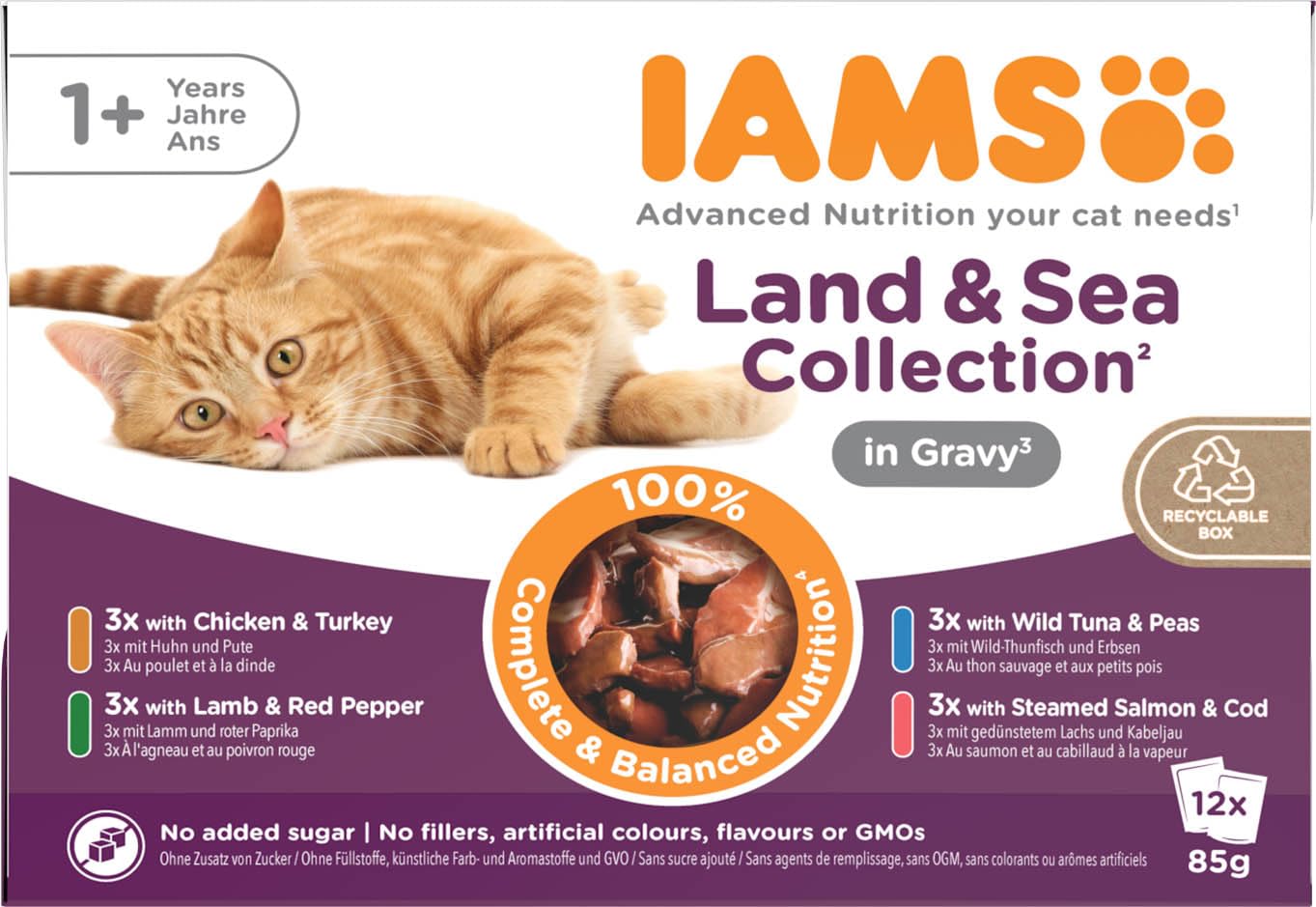 IAMS Delights Land & Sea Collection Katzenfutter Nass - Multipack mit Fleisch und Fisch Sorten in Sauce, Nassfutter für Katzen ab 1 Jahr, 12 x 85 g