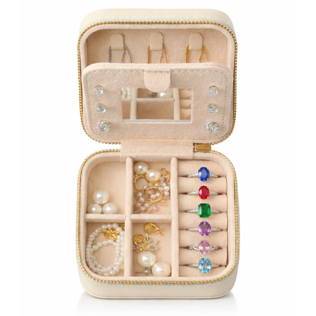 VELISSE Travel Jewelry Case - Small PU Leather Jewelry Organizer Box for Rings Earrings Necklaces - Compact Travel