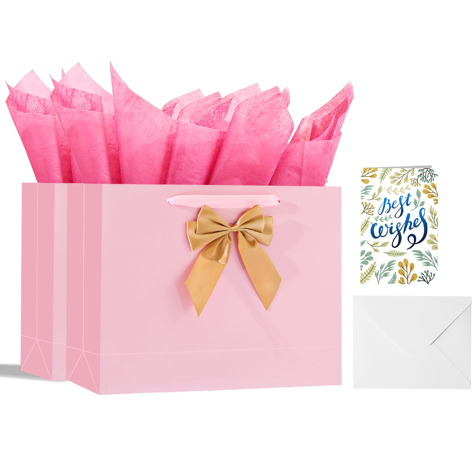 Birthday Gift Bag with Tissue Paper and Card(2 PCS Bright Pink, 13")