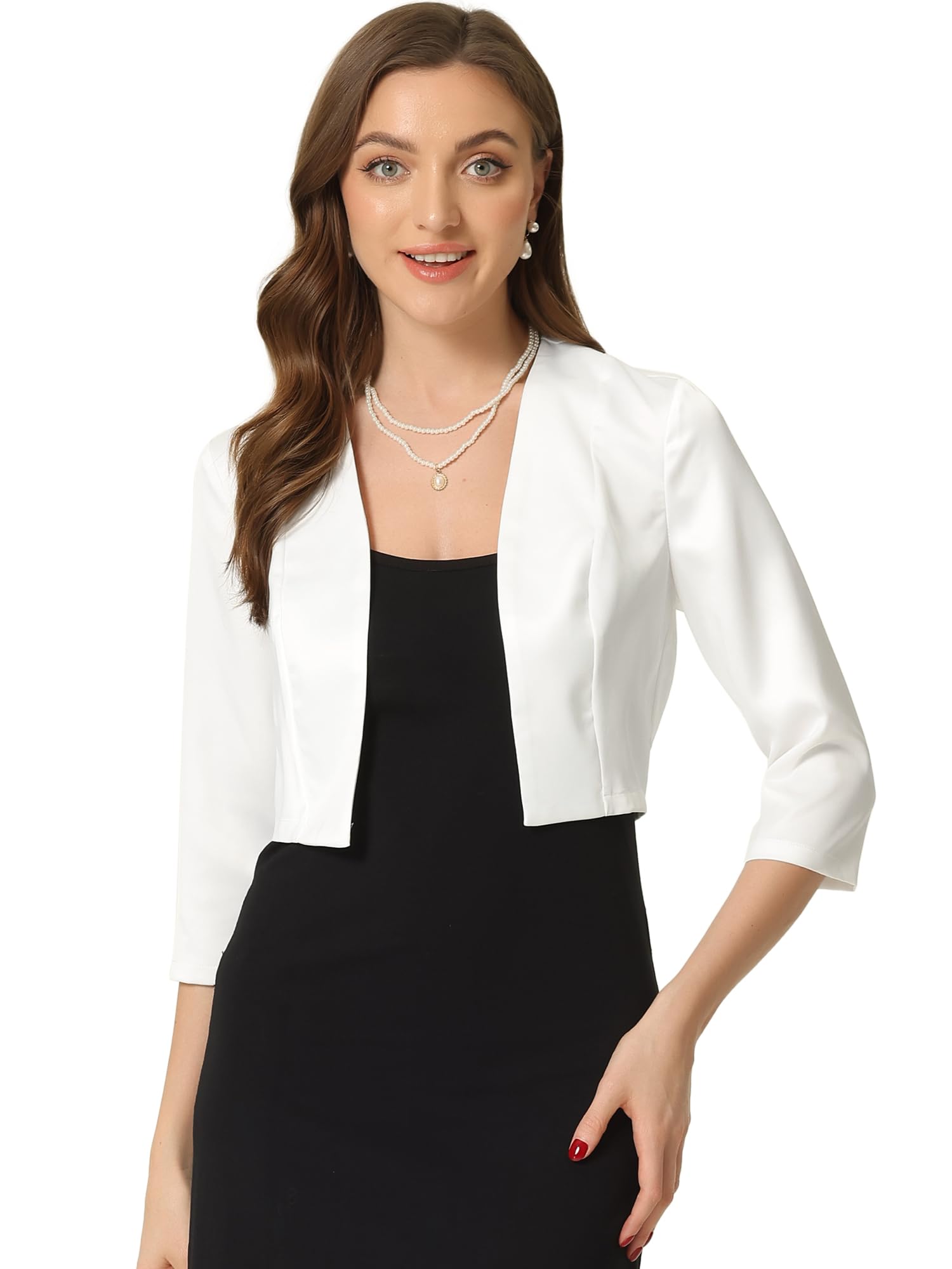Allegra K Boléro en Satin Femme Élégante pour Mariage à Manches 3/4 Devant Ouvert Veste Courte Chic de Cérémonie