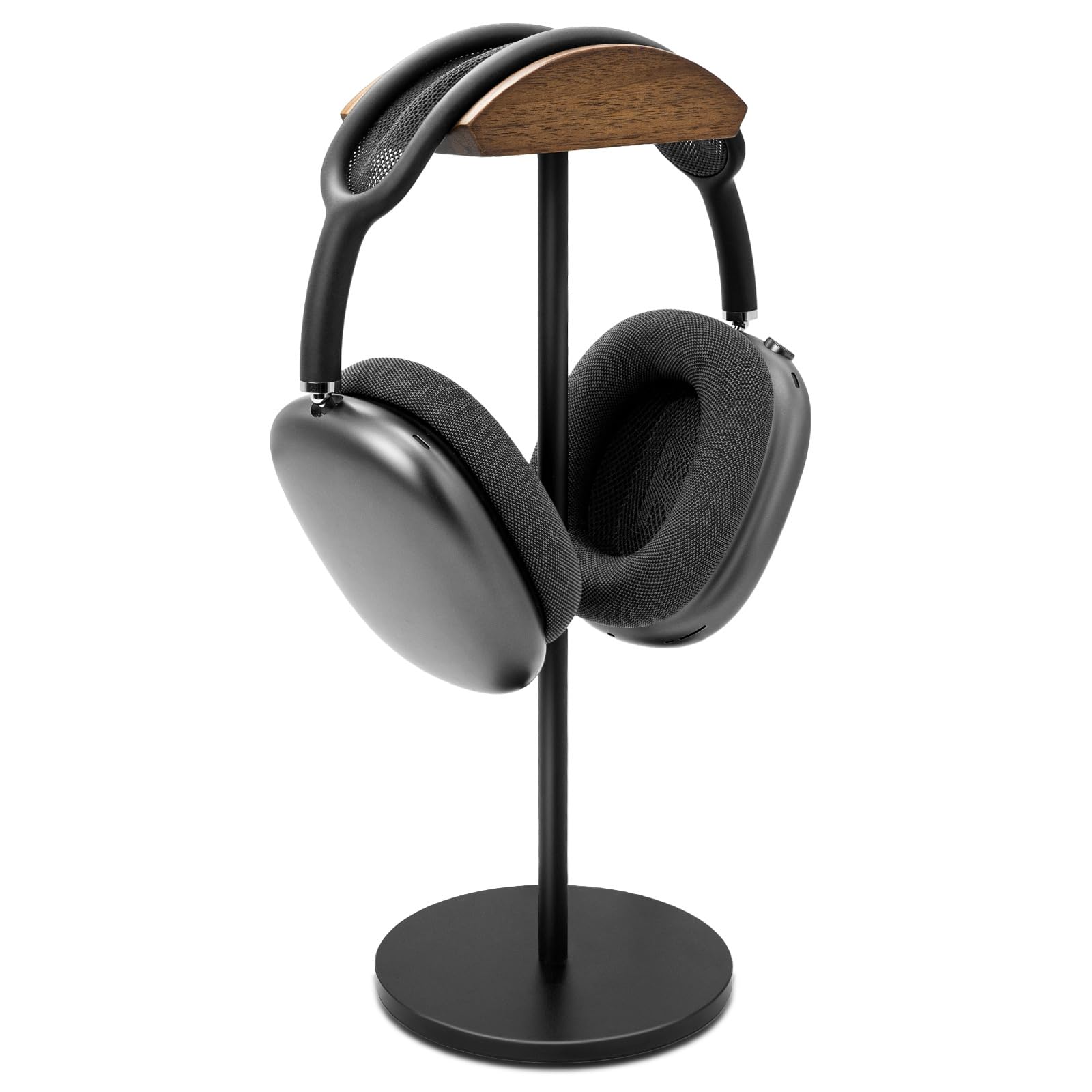 GEVO Headphone Stand for Desk, Walnut Wood & Aluminum Headset Stand (Circular Base)