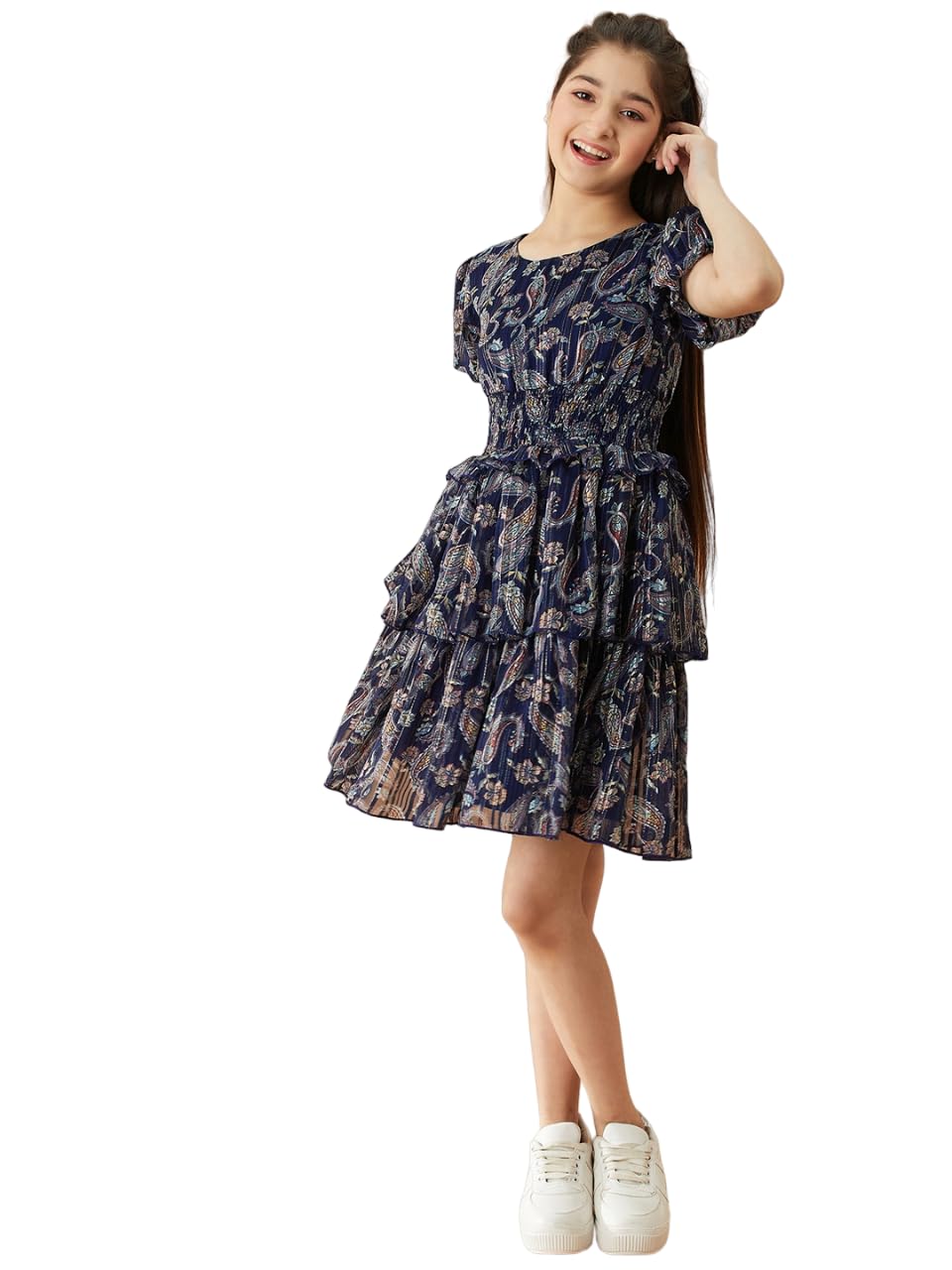 Pspeaches Girl's Polyester Fit And Flare Knee-Length Dress (D-Lurexna-11_Blue