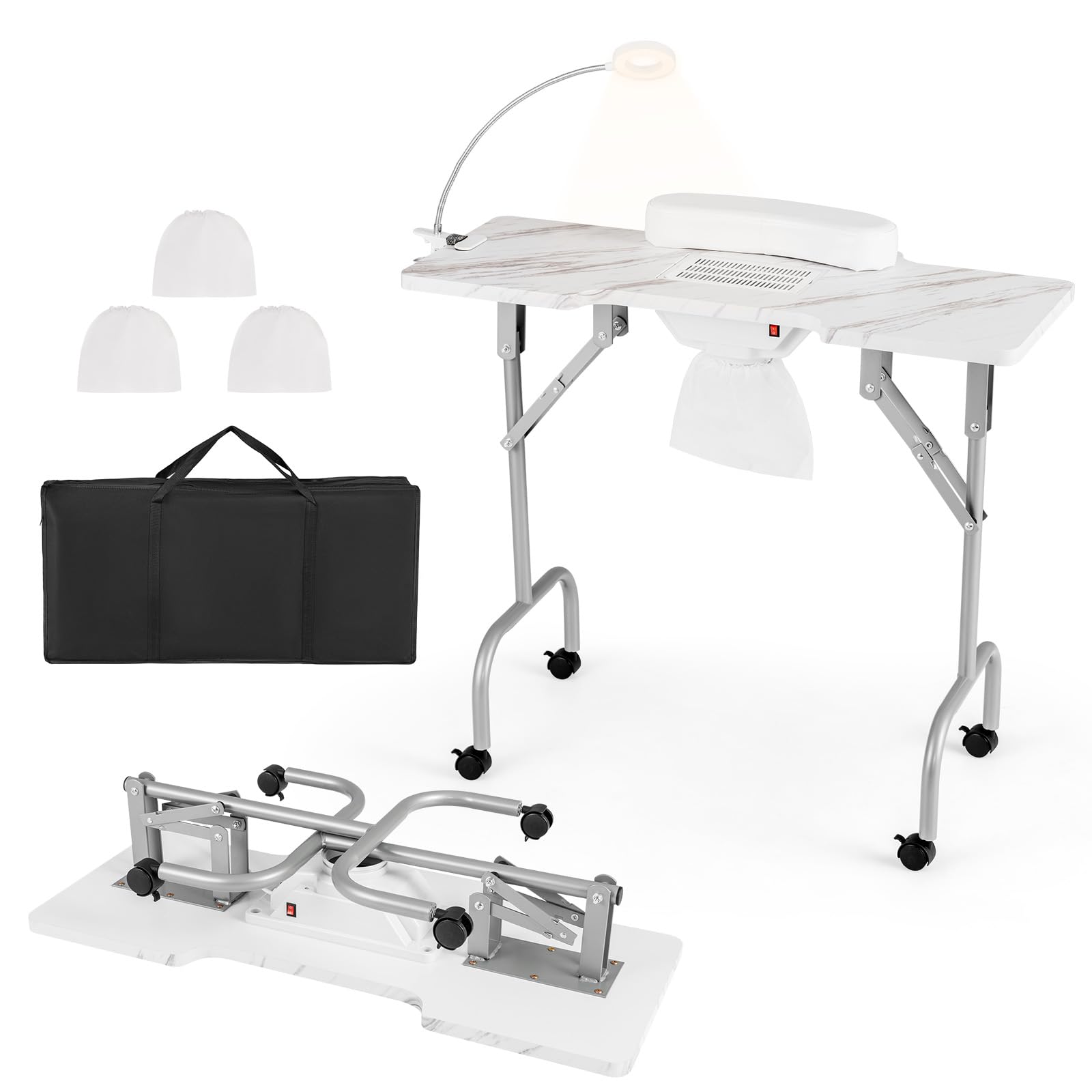 COSTWAY Tavolo per Manicure Pieghevole con Aspiratore Elettrico, Tavolo per Unghie Portatile con Luce LED, Cuscino Poggia Polso Clienti, Borsa e 4 Ruote Bloccabili (Bianco)