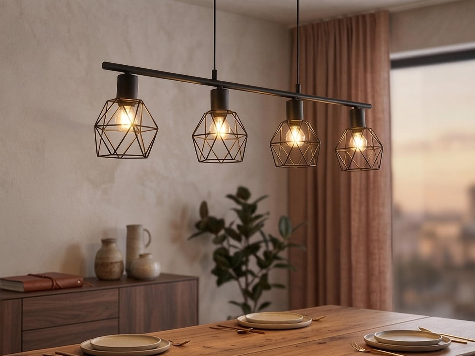 meineWunschleuchte Pendel-Leuchte Industrial Schwarz, für Esszimmertisch, | Breite 75cm, 4-flammig, Retro Gitterlampe ideal über dem Esstisch in Esszimmer und Küche