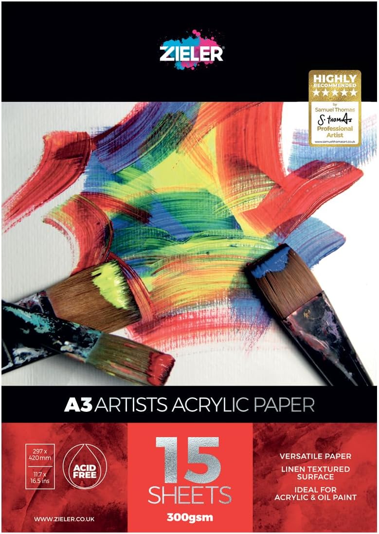 Acrylic Painting Pad - 300gsm Paper, 15 Sheets - by Zieler™ Linen Textured Surface & Acid Free. Ideal for Acrylic Painting. (A3)