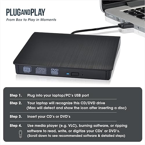 Miniatura 8 de ROOFULL Reproductor externo de unidad de CD y DVD, grabadora de CD USB 3.0 con estuche de transporte, lector de disco óptico portátil DVD+/-RW