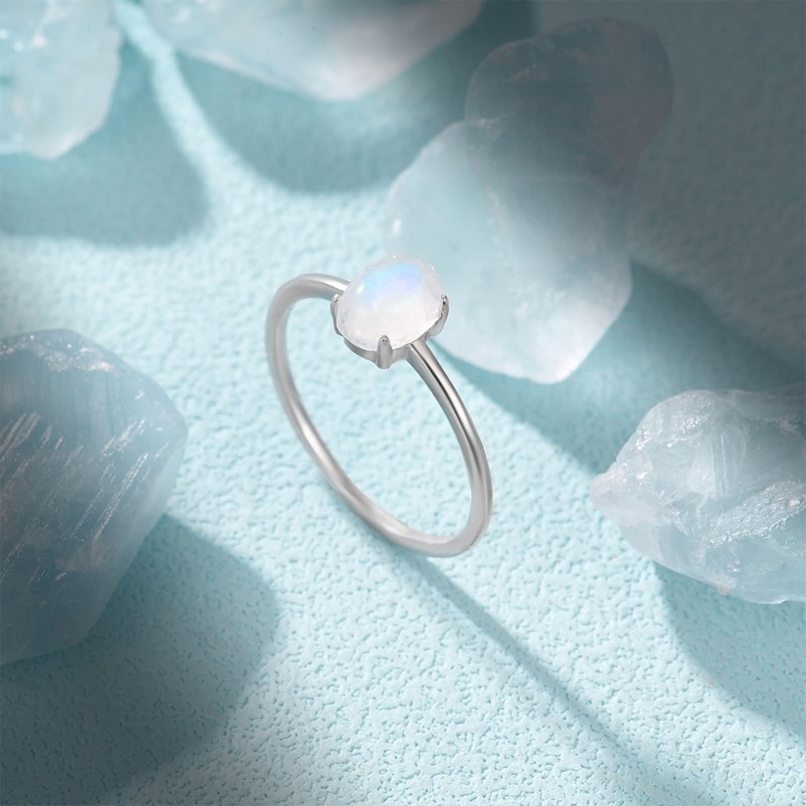 Anillos Boda Oro Blanco 9K/14K/18 Kilates de Mujer, Ovalado con Piedra de Luna, Anillos de Plata Compromiso Mujer
