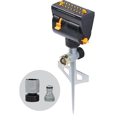 Melnor 65137AMZ MiniMax Turbo Oscillating Sprinkler on Step Spike, 4000 sq. ft., 4-Way Adjustable, Quick Connect Bundle, Yellow