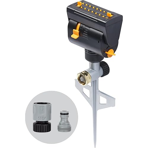 Melnor 65137AMZ MiniMax Turbo Oscillating Sprinkler on Step Spike, 4000 sq. ft., 4-Way Adjustable, Quick Connect Bundle, Yellow