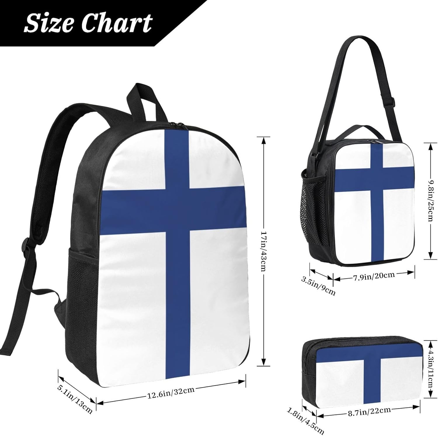 Finnish flag print 3 Piece Backpack Bags with Lunch Box Pencil Case Set for Travel Work Camping Unisex