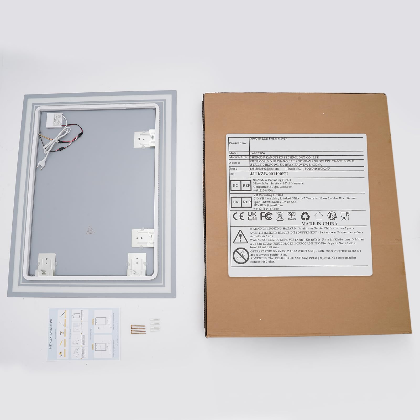 Espejo de baño LED, 90 x 70 cm, espejo de pared, interruptor táctil, 3 colores de luz, espejo de luz, regulable, 3000 K, 4000 K, 6000 K, IPX4, resistente al agua, espejo de baño eléctrico, con