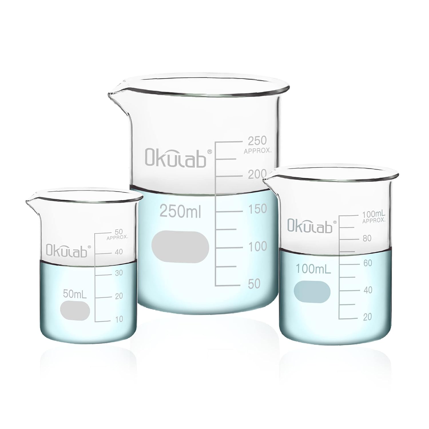 Glass Beaker Set, Low Form, Graduated 3.3 Borosilicate Glass Beakers, Vol.50,100,250mL, for Lab, Classroom, Craft, Kitchen,BKLGS3A1