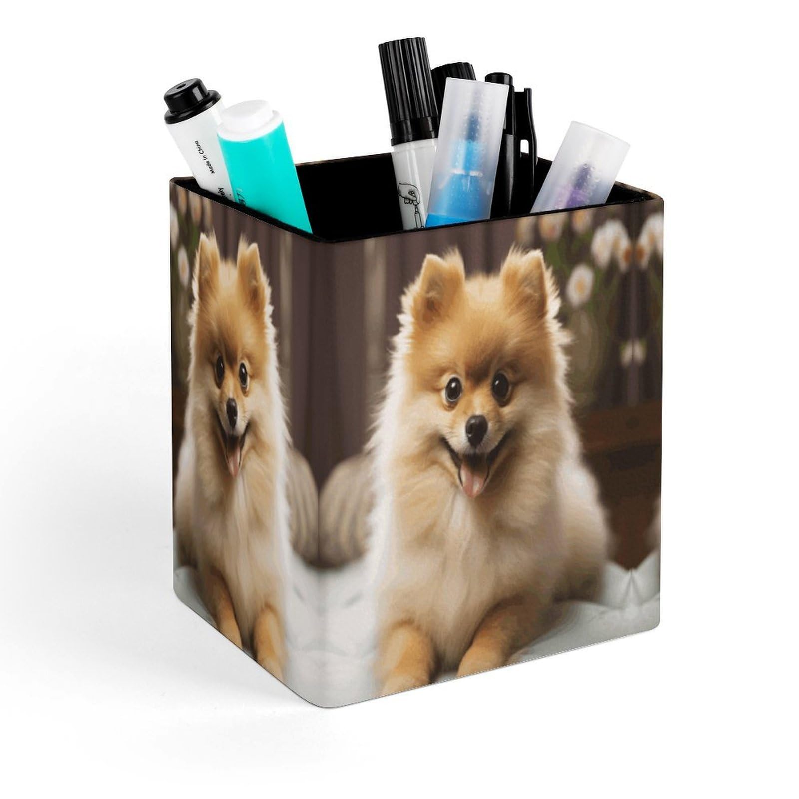 FekiLoot Cute Pomeranian Dog Pencil Holder for Desk Square Leather Pen Holder Cup Desktop Organizer Multi-Functional Pencil Cup Holders Modern Decorative Desk Organizer Caddy Makeup Brush Holders