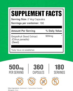 Grapefruit Seed Capsules - Herbal Supplements, Grapefruit Seed Supplements - Vegan, 2 Capsules per Serving (500mg), 360 Count (Pack of 1)