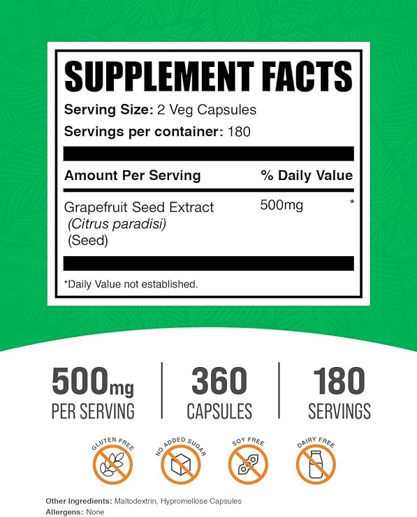 Grapefruit Seed Capsules - Herbal Supplements, Grapefruit Seed Supplements - Vegan, 2 Capsules per Serving (500mg), 360 Count (Pack of 1)