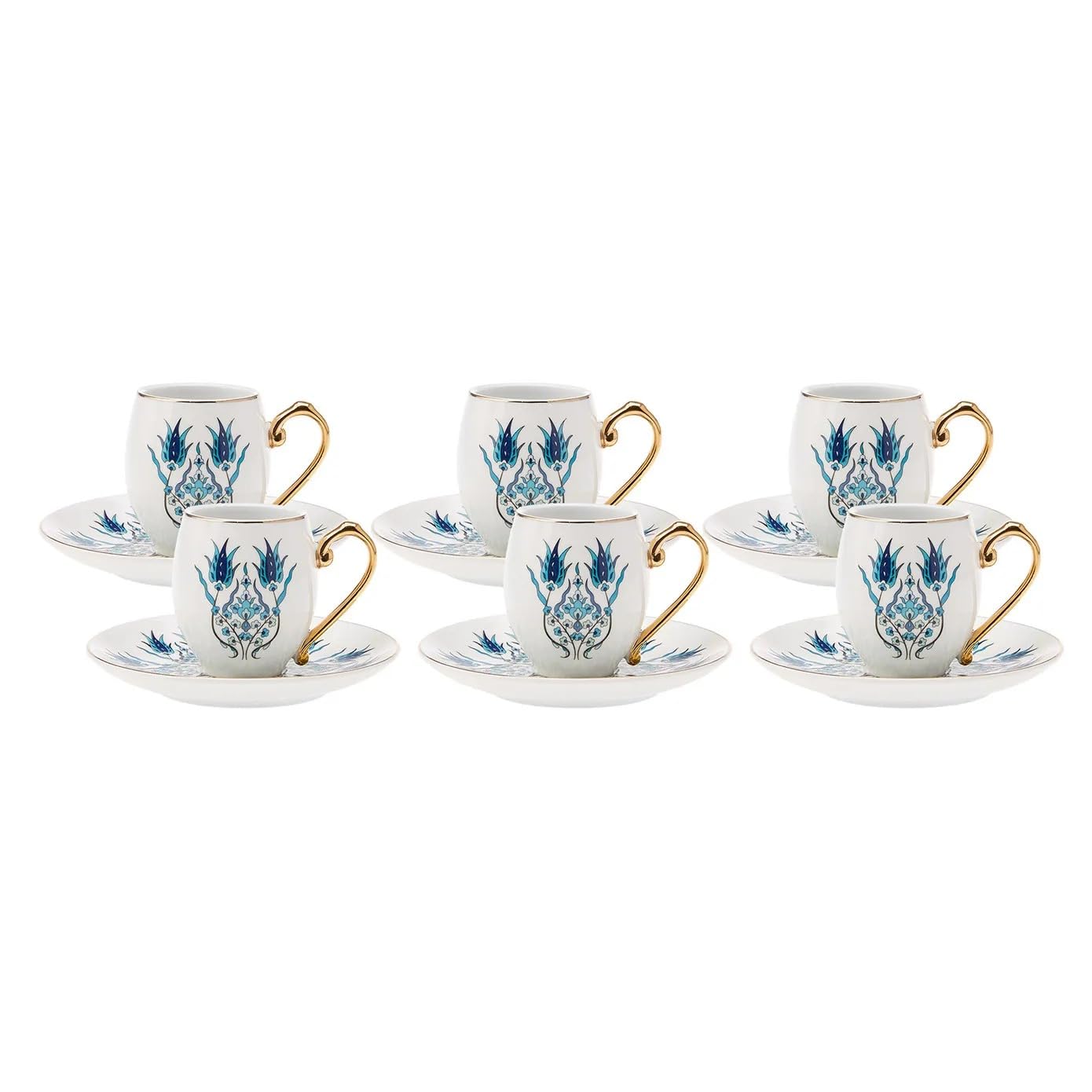 Karaca Iznik Kaffeeservice für 6 Personen -12 teilig, Traditional Türkisch Kaffeetassen Set mit Untertassen, Espressotassen, Mochatassen Set aus Porzellan, Cappuccino