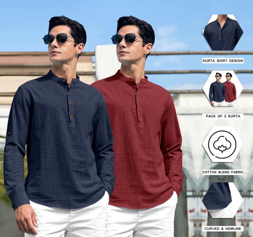 Image of ROYALSCOUT Combo of Men's Solid Cotton Blend Full Sleeve Straight Kurta Shirt (Pack of 2)