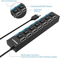 LOBKIN USB Hub 7 Portos Hordozható USB 2.0 Elosztó LED Kapcsolókkal Laptop PC MacBook Számítógép Eszközökhöz 5