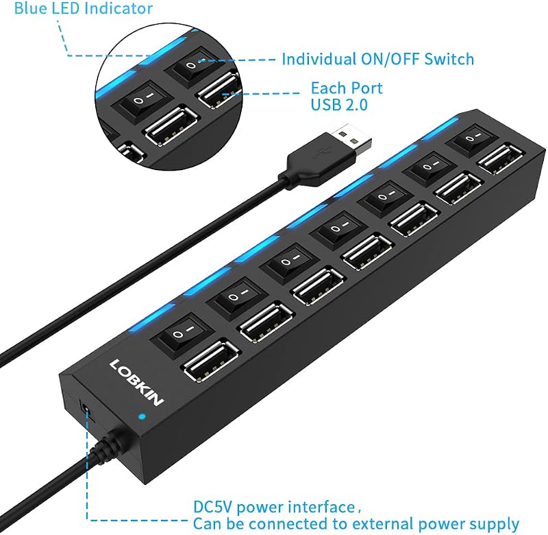 LOBKIN USB Hub 7 Portos Hordozható USB 2.0 Elosztó LED Kapcsolókkal Laptop PC MacBook Számítógép Eszközökhöz