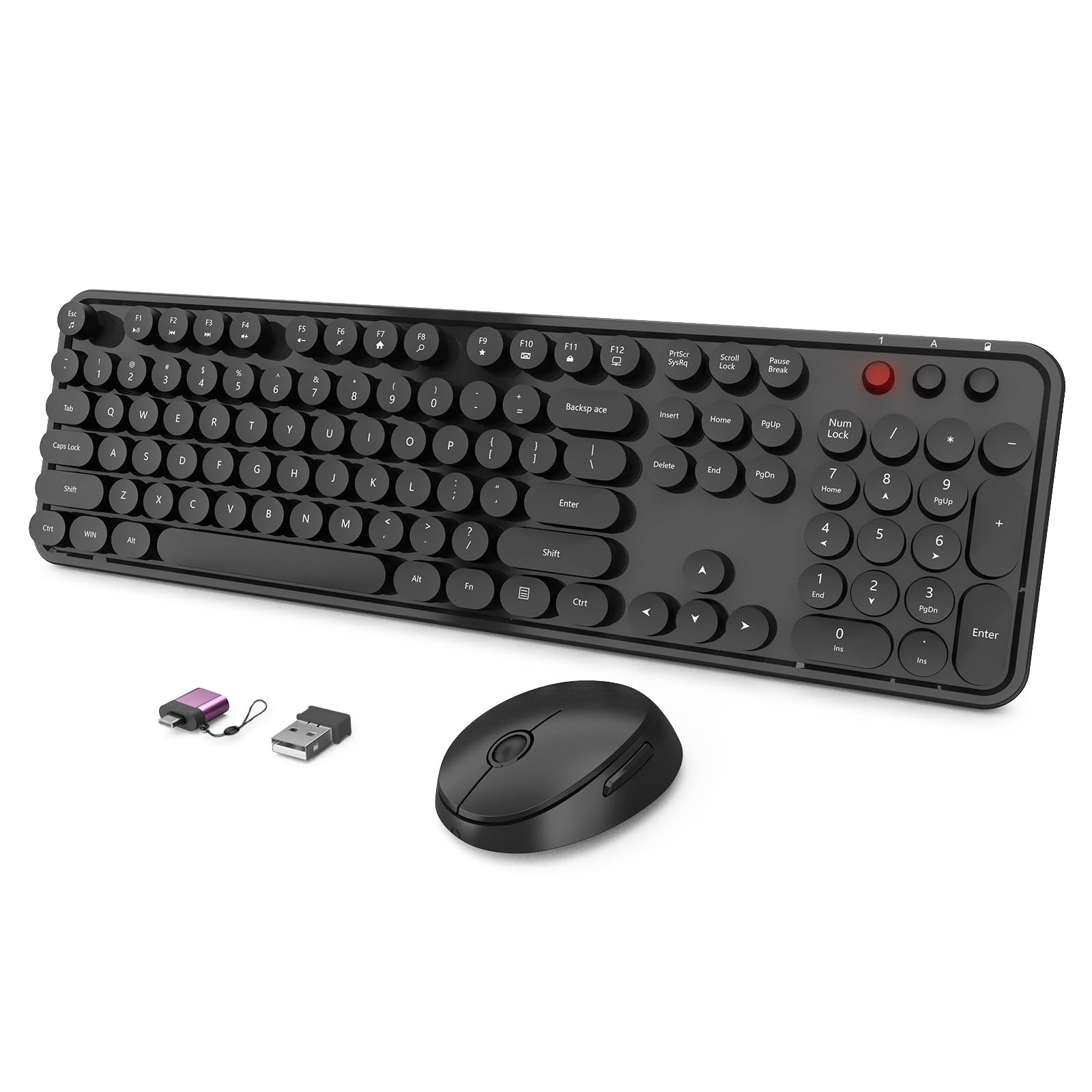 - Wireless Keyboard and Mouse Combo, Ergonomic Full Size Typewriter Retro Round Keycaps Keyboard, Compatible with Windows, PC, Perfer for Home and Office Keyboards (Black