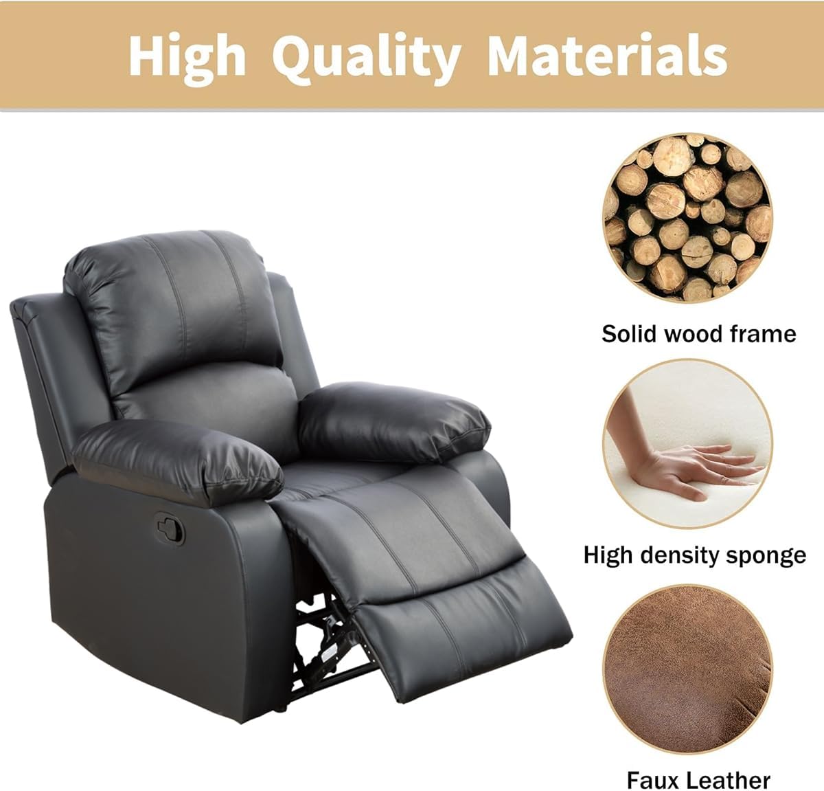 Leather Recliner Sofa Sets, Leather Reclining Sofa Set for Living Room Furniture Set,Recliner Chair for Living Room/Small Space/Rv/Office(Black Single Chair)