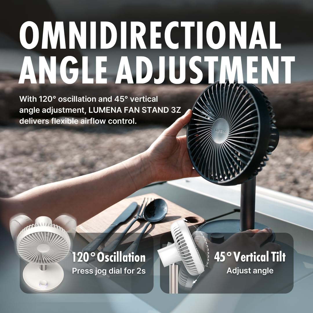 LUMENA Fan Stand 3Z - Ventilatore da scrivania oscillante portatile | Batteria ricaricabile a 4 velocità da 4000 mAh, oscillazione automatica, timer, design elegante opaco per casa o ufficio (viola)