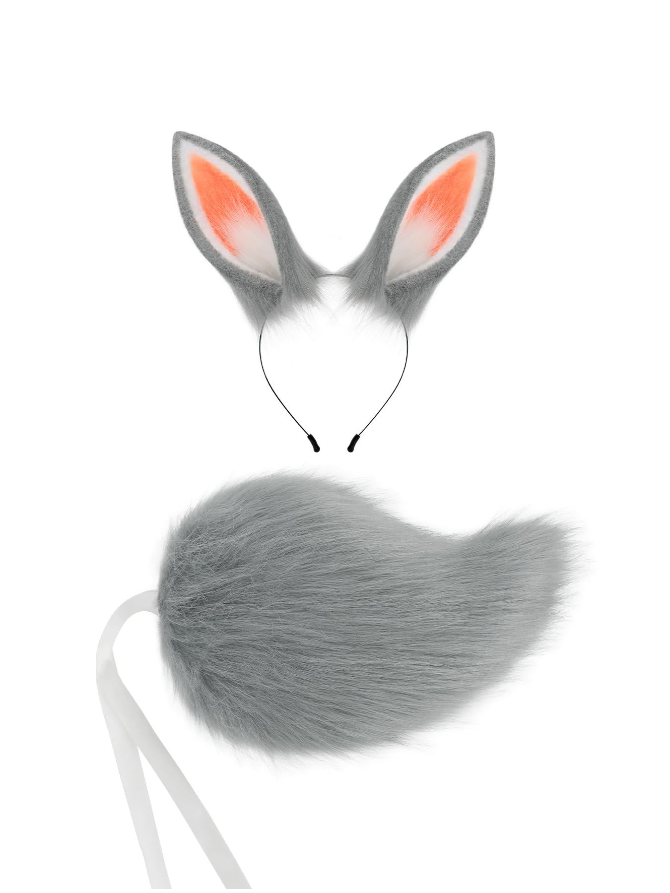 QinRuan Women's Bunny Ears Headwear Faux Fur Rabbit Ears Headbands and Tail Cosplay Party Coustume Set: Gray