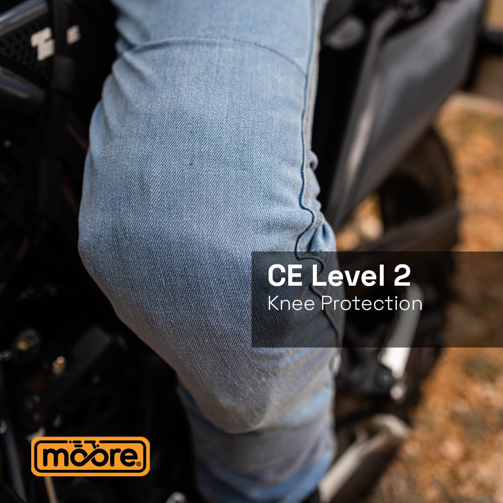 Moore Pantalón de Moto Speed Celeste – Vaquero Slim Fit, Protecciones CE Nivel 2, Tejido Denim Reforzado, Certificación EN 17092-4:2020 A