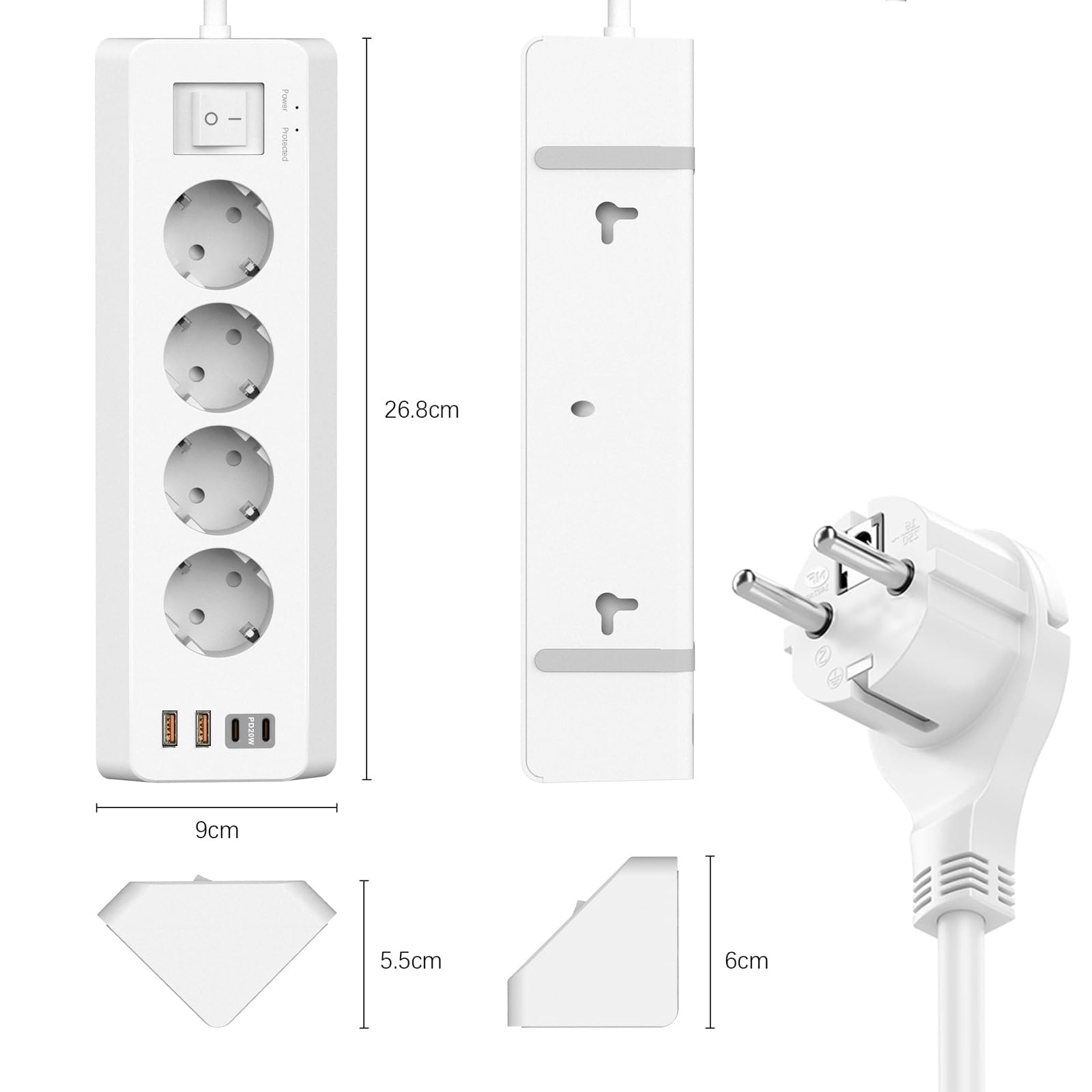Regleta de 4 enchufes con USB C (PD 20W), SUDEERY 8 en 1 regleta de enchufes con 4 USB, regleta de enchufes con protección contra sobretensiones y 2 m de cable para la cocina (Blanco)