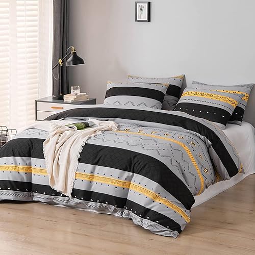 Lurson 100% Microfiber Boho Duvet Cover Set 2Pcs Grey with Black Stripe Geometric Pattern Printed Bohemia Ultra Soft Comforter Cover with Zipper Closure & Corner Ties & Pillowcase (Queen Size)