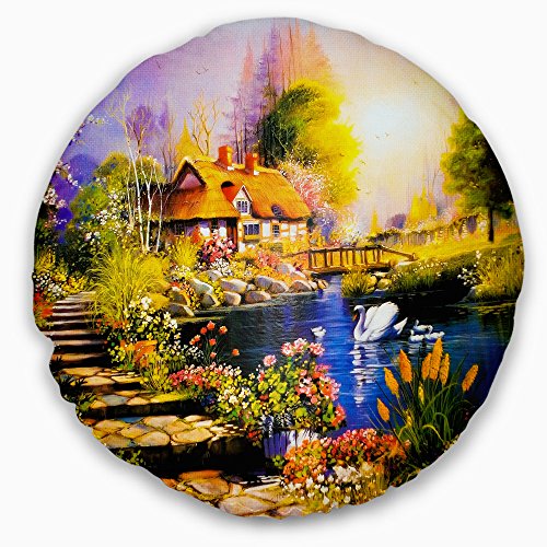 Designart Cu6086-16-16-C House Near The Lake Swans' Landscape Printed Throw Cushion Pillow Cover For Living Room, Sofa, 16" Round, Hypoallergenic Pillow Insert + Cushion Cover Printed On Both Side #TOP28